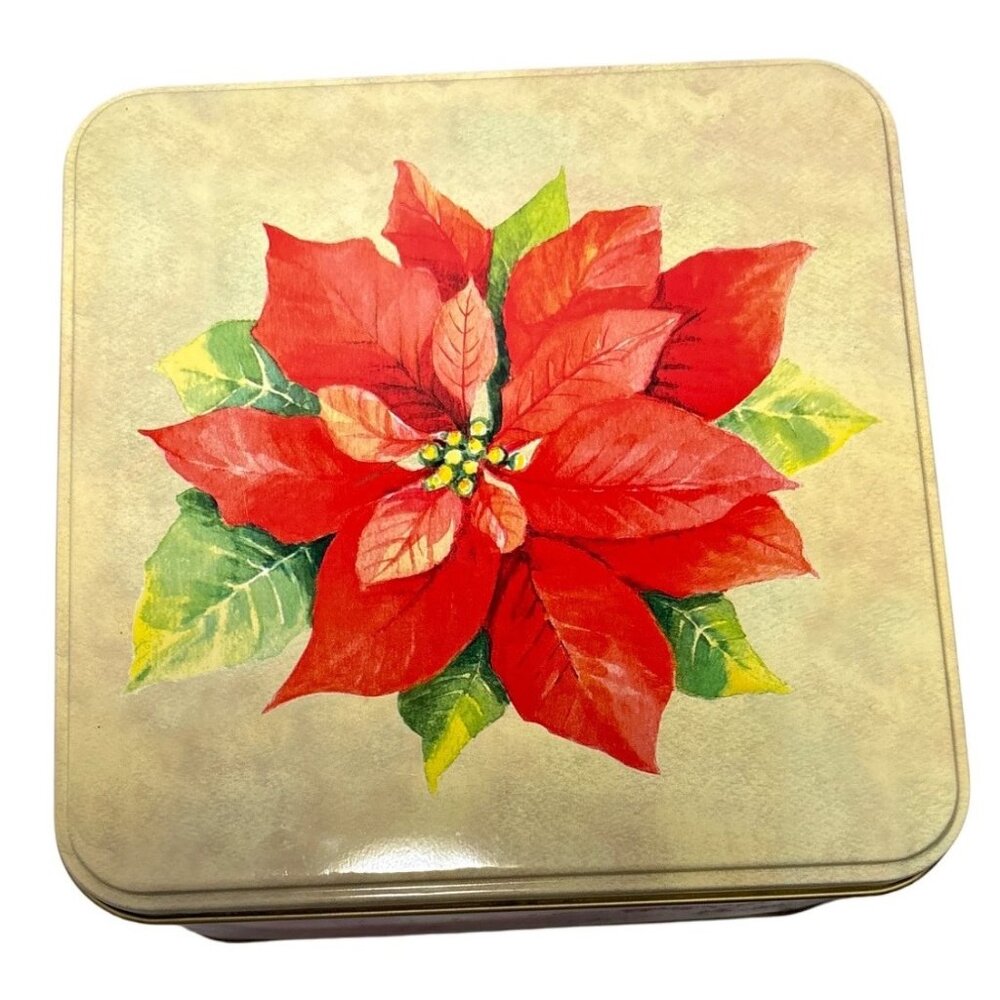 Poinsettia Tin Box Square 7"x7"x 3.5" With Lid Christmas Cookie Retro Vintage